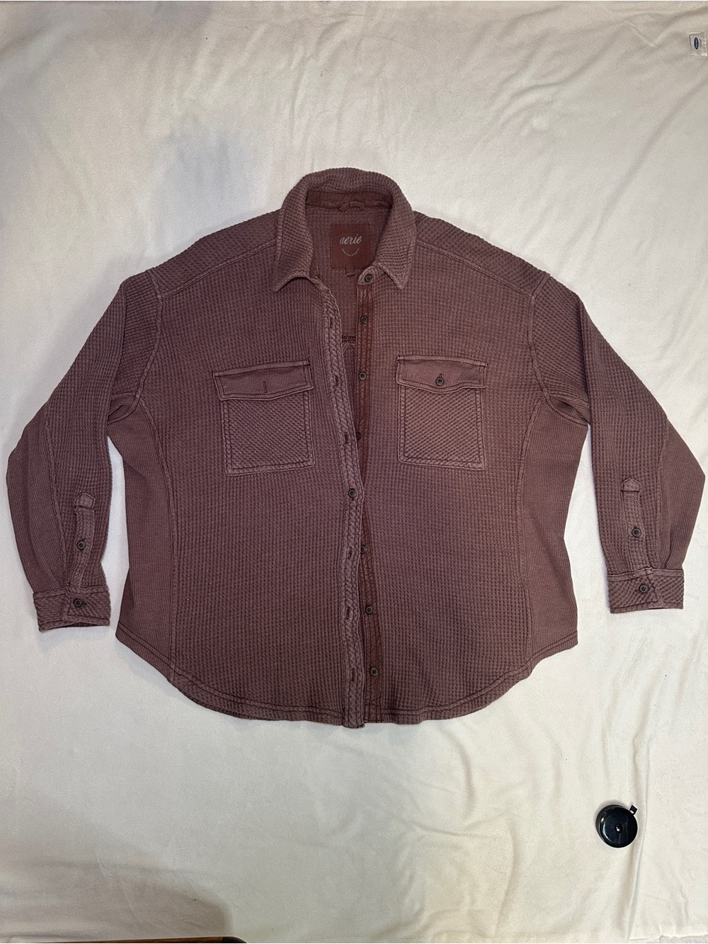 Aerie Oversized Waffle Knit Button Down Shacket brown Size S